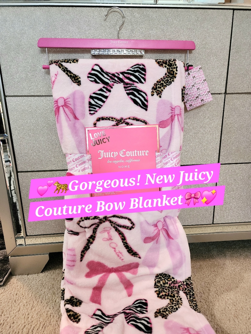 Juicy Couture Pink Bow & Leopard Cheetah Throw Blanket Animal Print Black New